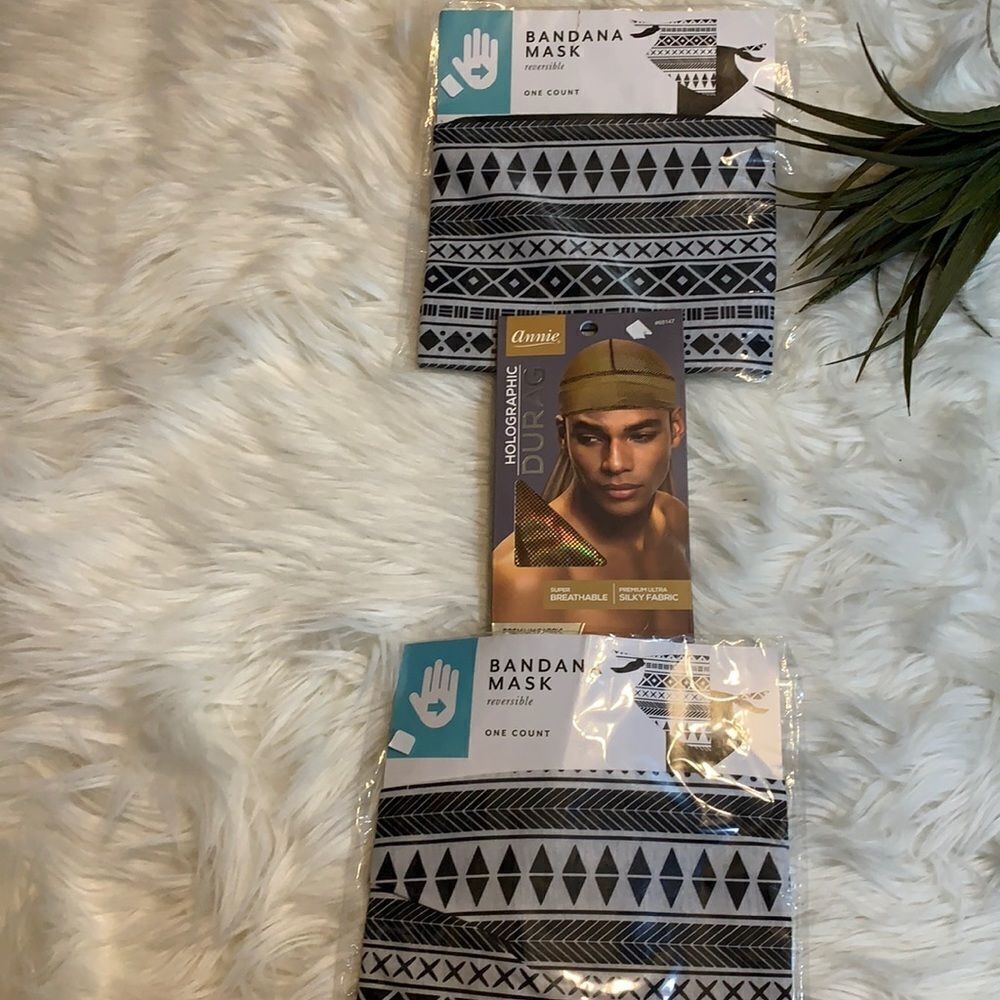 Three piece gift set by includes two reversible bandana masks & one durag